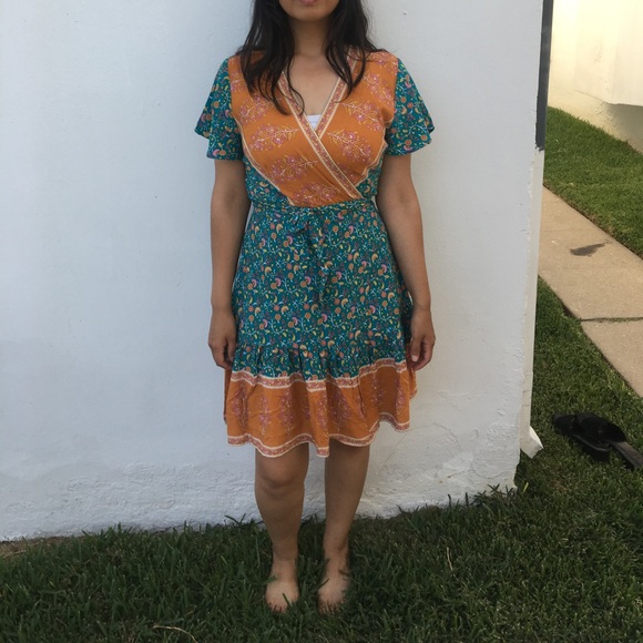 Boho Teal & Orange Wrap Dress - Picture 16 of 17